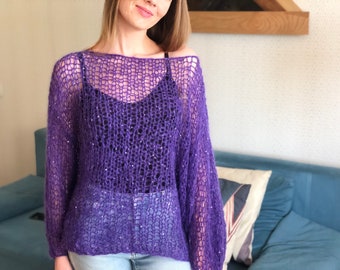 Alpaca Violet Sequin Knitted Sweater. Sheer Purple Slouchy Jumper. Volume Sleeves Loose Fit Sweater