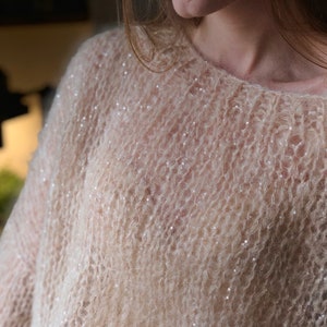 Kid Mohair Pastel Light Beige Loose Knit Sweater Wedding Airy Sheer Fluffy Oversize Sandy Sequin Sweater Transparent Slouchy Fuzzy Pullover image 5