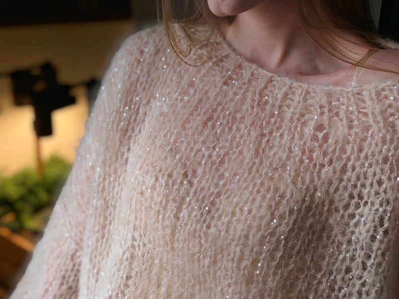 Kid Mohair Pastel Light Beige Loose Knit Sweater Wedding Airy Sheer Fluffy Oversize Sandy Sequin Sweater Transparent Slouchy Fuzzy Pullover image 5