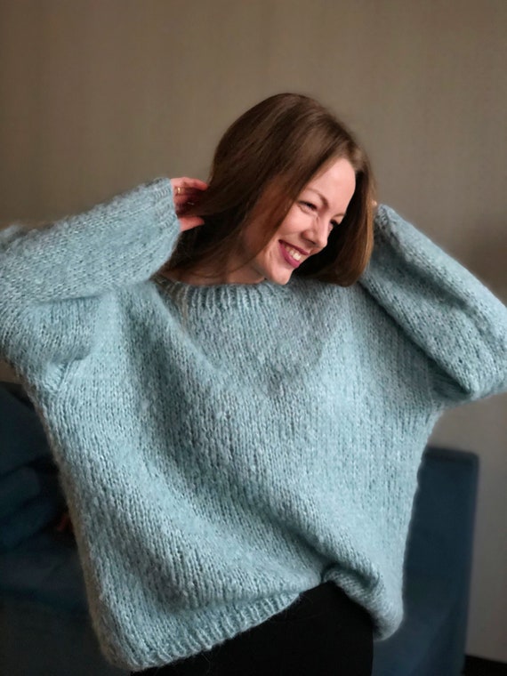 Alpaca Mint Blue Knit Lurex Fuzzy Oversized Pastel Fluffy  Basic Chunky Pullover