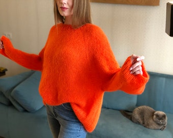 Kid Mohair Burnt Orange Bright Knitted Women Sweater Fluffy Oversize Tangerine Terracotta Pullover Basic Handknit Slouchy Crewneck Jumper