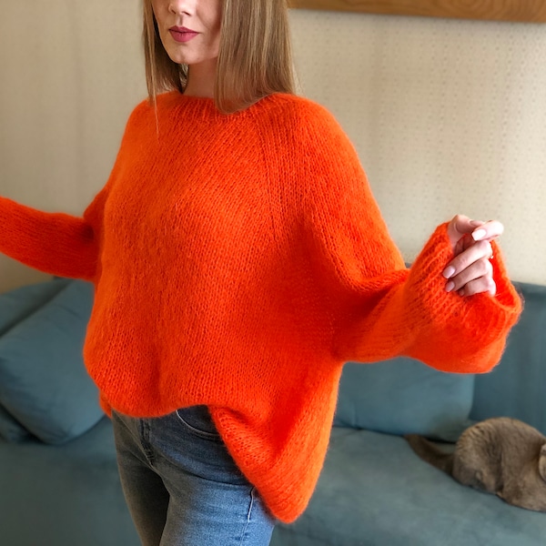 Kid Mohair Burnt Orange Bright Knitted Women Sweater Fluffy Oversize Tangerine Terracotta Pullover Basic Handknit Slouchy Crewneck Jumper