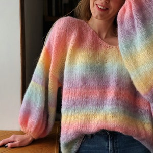 Rainbow Mohair Knitted Ombre Sweater. Oversized Colorful Pastel Jumper. Volume Sleeves Stripped Pullover