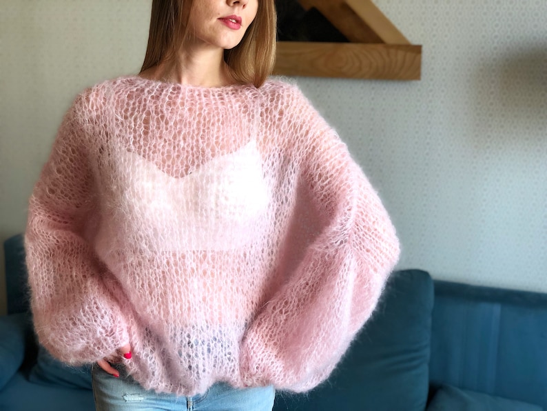 Kid Mohair Pastel Pink Fluffy Rose Sweater Bridal Wedding Sheer Women Sweater Loose Knit Oversize Wool Fuzzy Jumper Airy Cloud Cute Pullover image 8