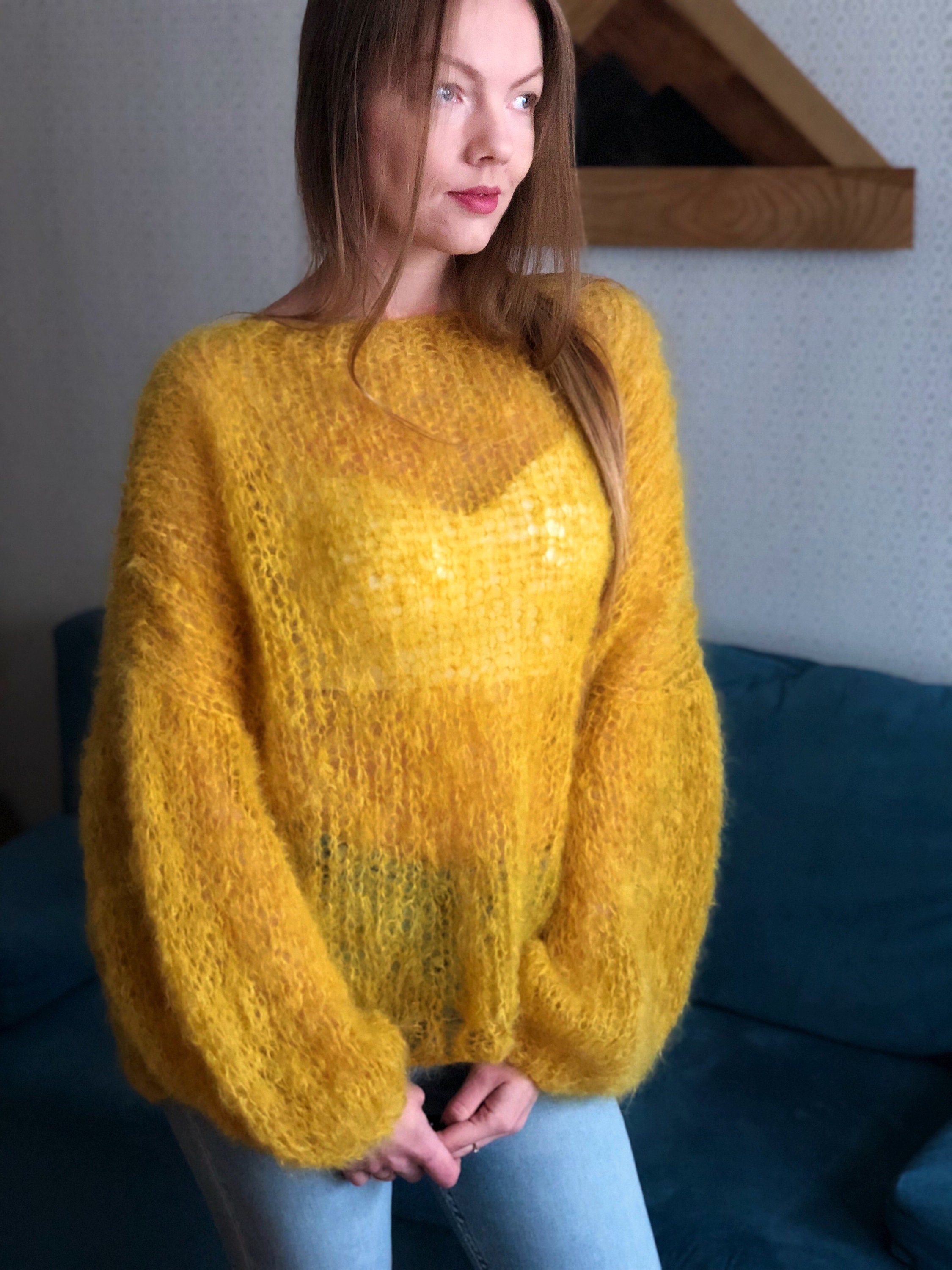 Kid Mohair Golden Yellow Knitted Fluffy Sweater Loose Knit Fuzzy 