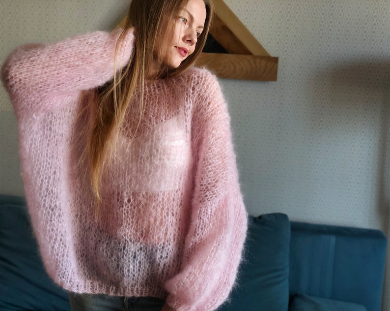 Kid Mohair Pastel Pink Fluffy Rose Sweater Bridal Wedding Sheer Women Sweater Loose Knit Oversize Wool Fuzzy Jumper Airy Cloud Cute Pullover image 3
