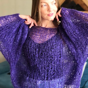 Alpaca Purple Violet Bright Mesh Slouchy Sequinned Sweater Sheer Loose Knit See Through Women Jumper Volume Sleeves Off Shoulder Sweater