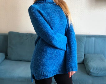 Navy Blue Merino Wool Mohair Knitted Women Sweater Turtleneck Skinny Jumper Casual Warm Long Soft Basic Tunic Pullover with Elongated Back