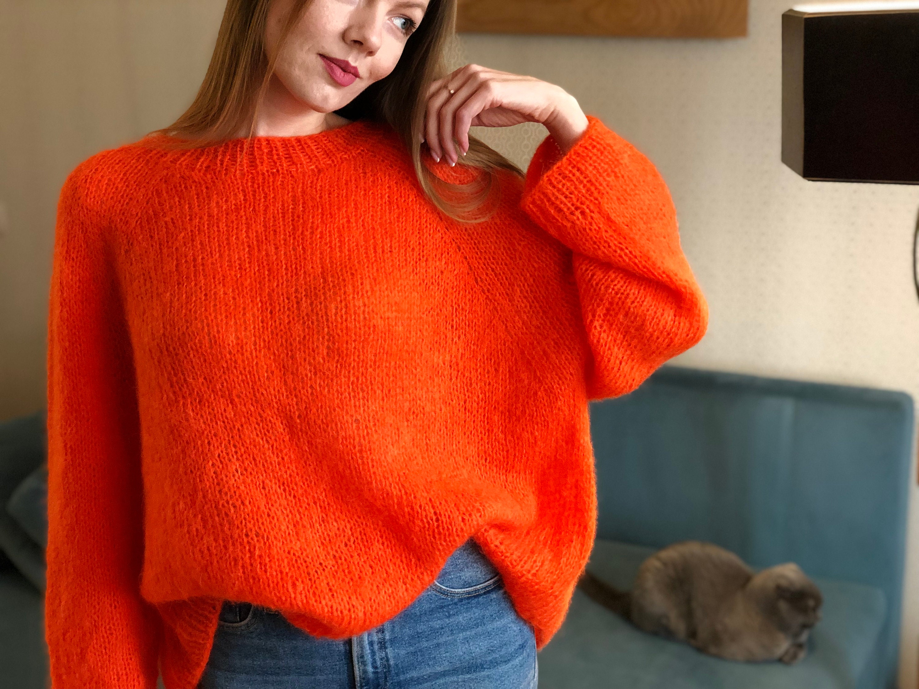 Kid Mohair Burnt Orange Bright Knitted Women Sweater Fluffy Kid Mohair Burnt Orange Bright Knitted Women Sweater Fluffy
