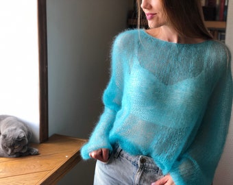 Kid Mohair Sky Blue Handknit Sheer Transparent Sweater Light Slouchy Thin Women Jumper Casual Oversized Breathable Airy Loose Fit Cardigan
