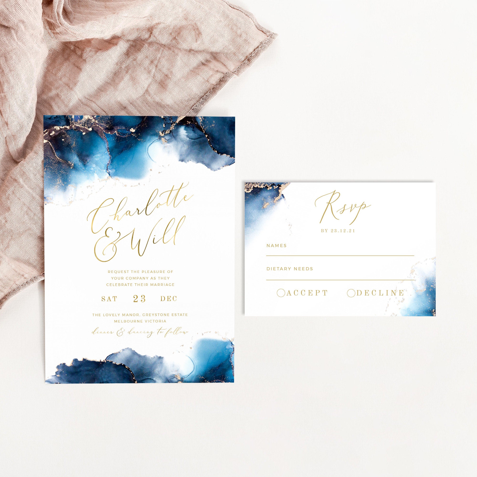 Navy Blue Wedding Invitation Set INSTANT DOWNLOAD Real Gold | Etsy