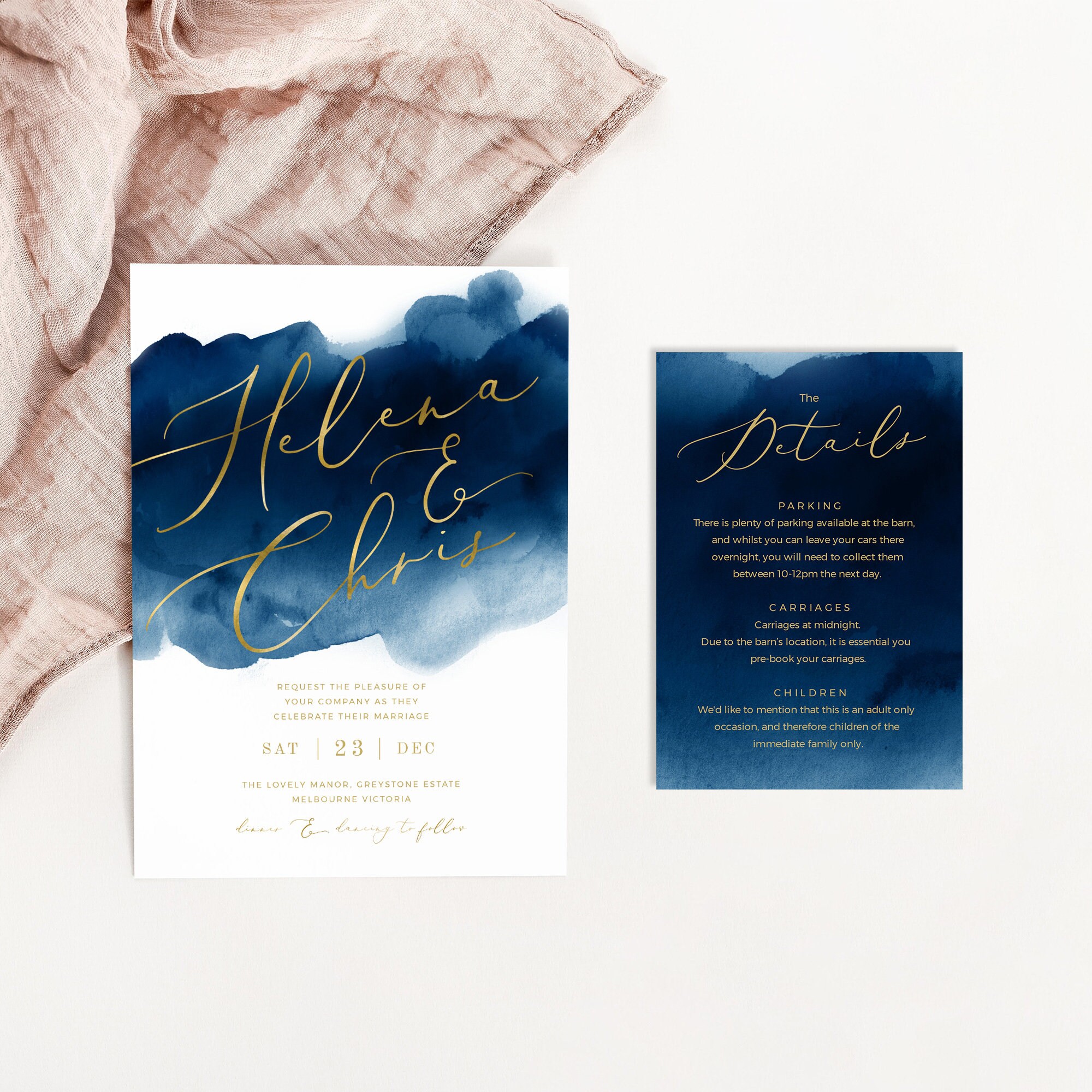 Navy Blue Wedding Invitation Set INSTANT DOWNLOAD Real Gold Etsy