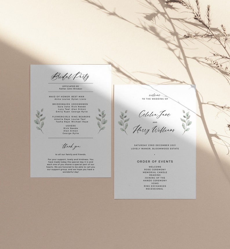 Editable Order of Events Templett Printable Program Program Fan Eucalyptus Wedding Program INSTANT DOWNLOAD DIY Ceremony IN038