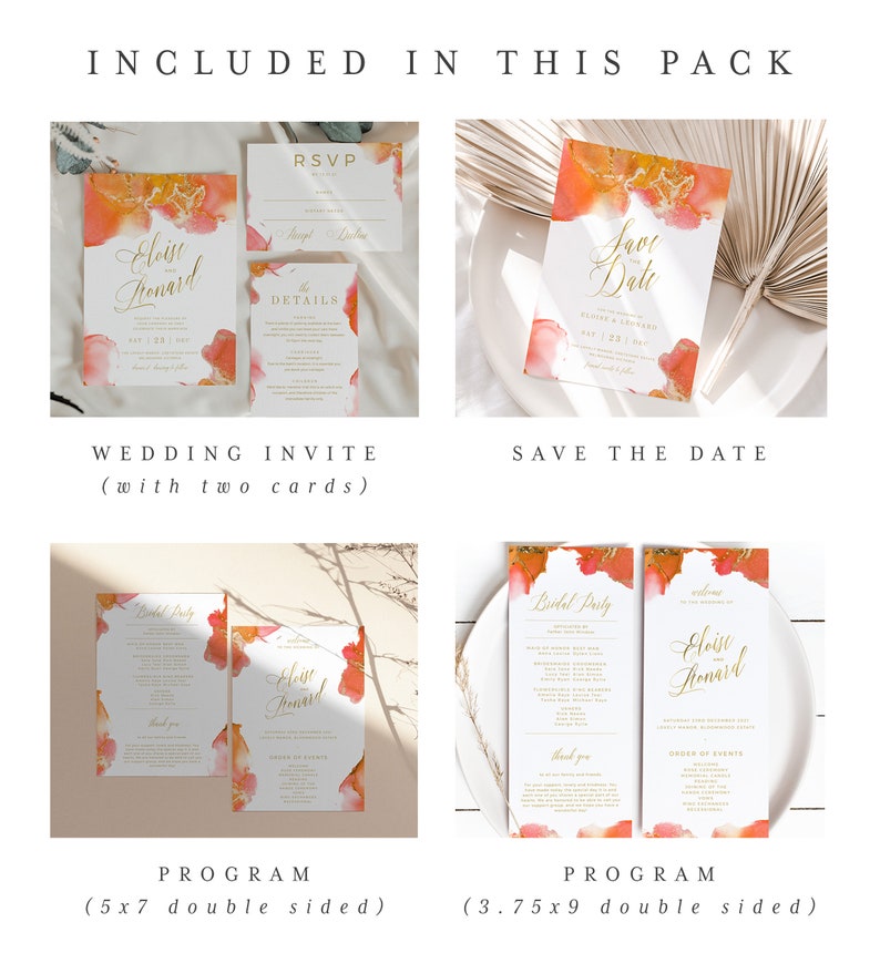 Templett DIY wedding templates Watercolor Orange IN044 Minimalist wedding Orange /& Gold Wedding Bundle INSTANT DOWNLOAD template