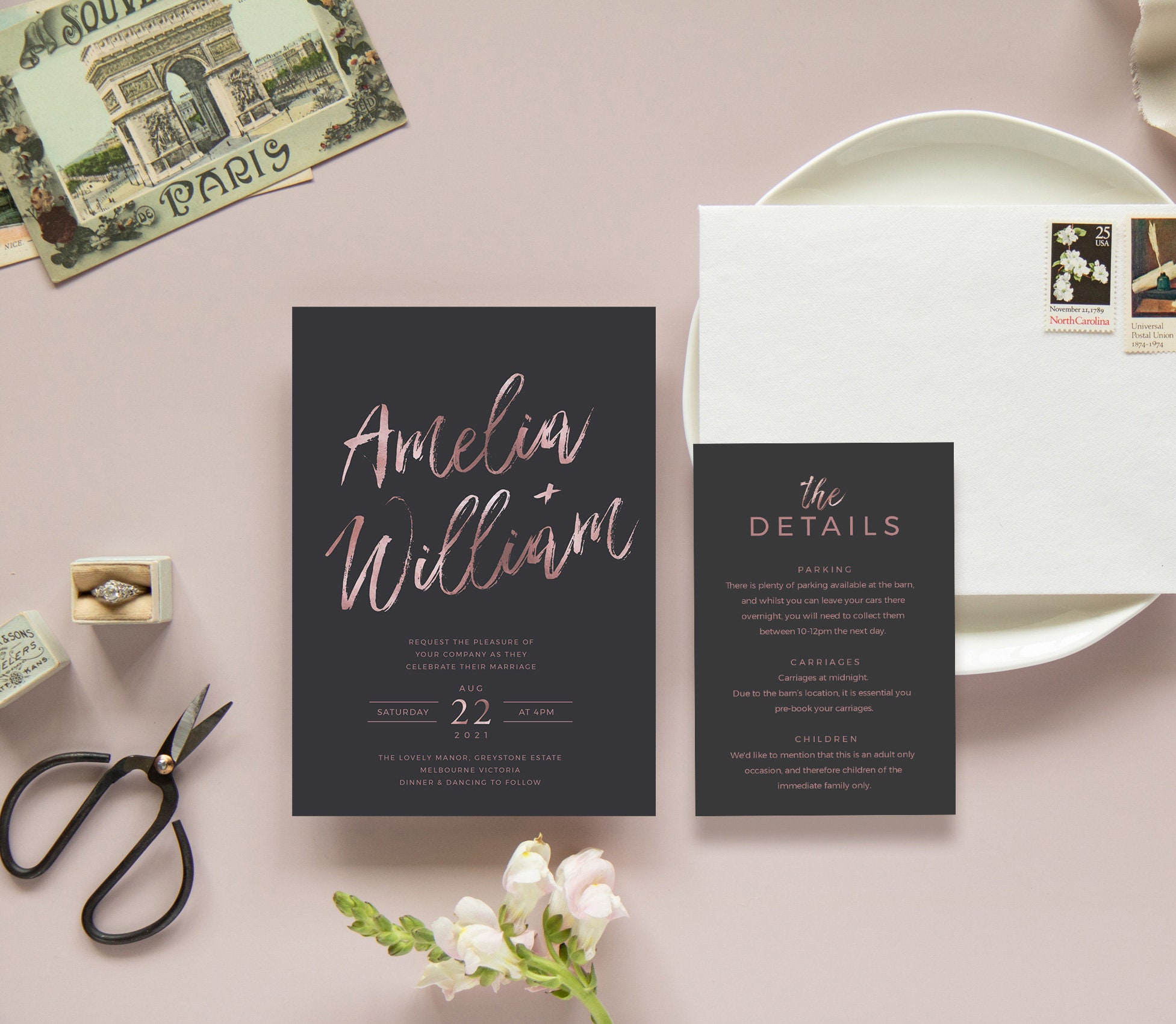 Black & Rose Gold Wedding Invitation Set INSTANT DOWNLOAD Real Etsy UK