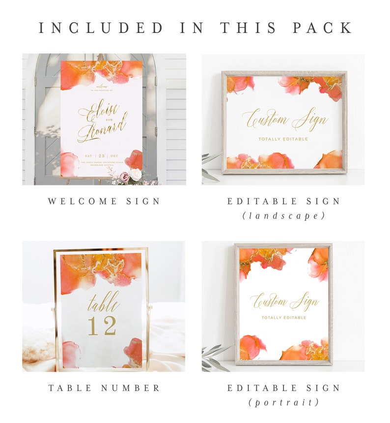 Templett DIY wedding templates Watercolor Orange IN044 Minimalist wedding Orange /& Gold Wedding Bundle INSTANT DOWNLOAD template