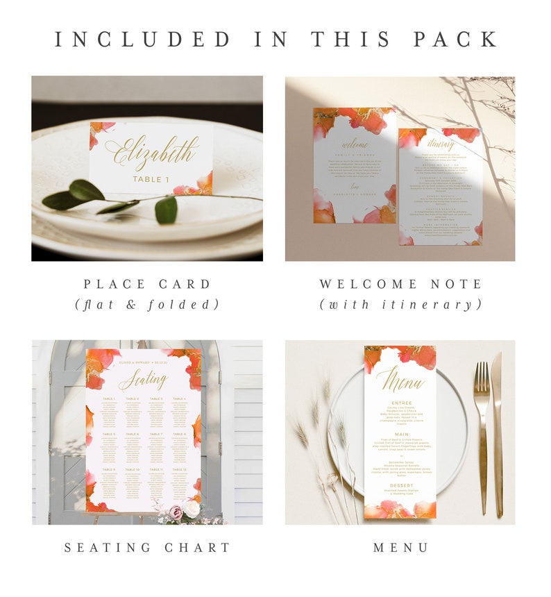 Templett DIY wedding templates Watercolor Orange IN044 Minimalist wedding Orange /& Gold Wedding Bundle INSTANT DOWNLOAD template
