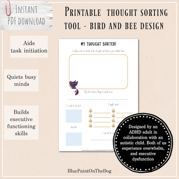 My Thought Sorter - Bees design *Printable PDF* planning and organising | Kids | Adults | ADHD | Executive functioning | Reduce overwhelm