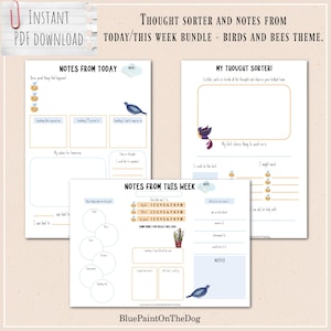 Op de afbeelding: Printbare werkbladset met een bijen- en vogeltje thema. De werkbladen bevatten secties voor "Notities van vandaag", "Notities van deze week" en "Mijn gedachtesorter".
