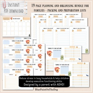 May include: A printable 19-page planning and organising bundle for families. The bundle includes packing and preparation lists with a fox and bee theme. The text "Things to take with me today!" is repeated on multiple pages. The text "Reduce stress in busy households & help children develop executive functioning skills. Designed by a parent with ADHD!" is at the bottom of the page.