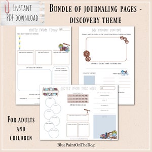 Könnte beinhalten: Druckbare Tagebuchseiten mit einem Entdeckungsthema. Die Seiten haben ein braunes und blaues Farbschema mit Illustrationen von Büchern, Globen und Kompassen. Der Text auf den Seiten lautet "Notes from Today", "My Thought Sorter", "Notes from This Week" und "My First Choice Thing to Work On Is".