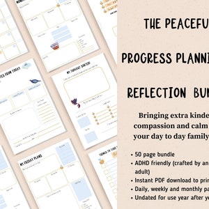 Könnte beinhalten: Ein druckbares Planer-Paket mit blauem und gelbem Farbschema. Das Paket enthält Seiten für die tägliche, wöchentliche und monatliche Planung sowie einen Gedankensortierer und Seiten für Notizen vom heutigen Tag. Der Text "The Peaceful Progress Planning & Reflection Bundle" ist auf dem Cover abgebildet.