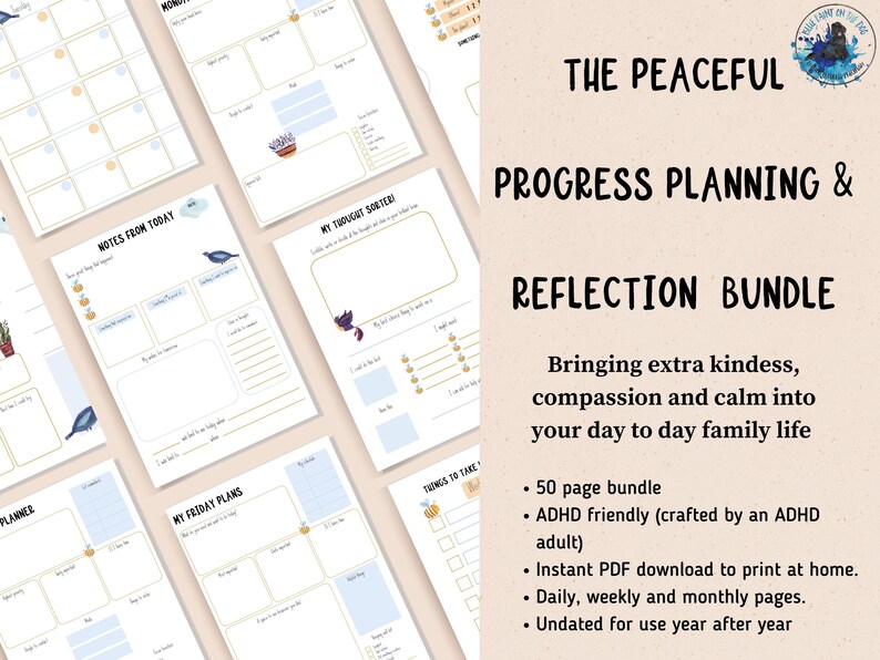 Op de afbeelding: Een printbare plannerbundel met een blauw en geel kleurenschema. De bundel bevat pagina's voor dagelijkse, wekelijkse en maandelijkse planning, evenals een gedachtesorteerder en pagina's voor notities van vandaag. De tekst "The Peaceful Progress Planning & Reflection Bundle" staat op de omslag.