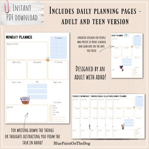 Op de afbeelding: Printbare dagelijkse plannerpagina's voor volwassenen en tieners. De pagina's hebben een lichtblauw en wit kleurenschema met illustraties van bijen, vogels en bloemen. De planner bevat secties voor dagelijkse taken, to-do-lijsten en herinneringen. De tekst "Bevat dagelijkse planningspagina's - Volwassen en tienerversie" staat bovenaan de afbeelding.