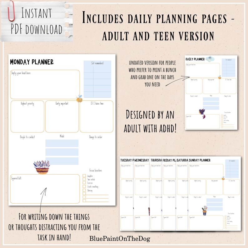 Op de afbeelding: Printbare dagelijkse plannerpagina's voor volwassenen en tieners. De pagina's hebben een lichtblauw en wit kleurenschema met illustraties van bijen, vogels en bloemen. De planner bevat secties voor dagelijkse taken, to-do-lijsten en herinneringen. De tekst "Bevat dagelijkse planningspagina's - Volwassen en tienerversie" staat bovenaan de afbeelding.
