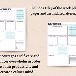 Pode incluir: Um planejador imprim&iacute;vel com um esquema de cores rosa e azul. O planejador inclui um planejador di&aacute;rio e um planejador semanal. O texto no planejador diz "Planejador de segunda-feira" e "Planejador di&aacute;rio". O planejador foi projetado para ajudar as pessoas a reduzir a sensa&ccedil;&atilde;o de sobrecarga e aumentar sua produtividade.