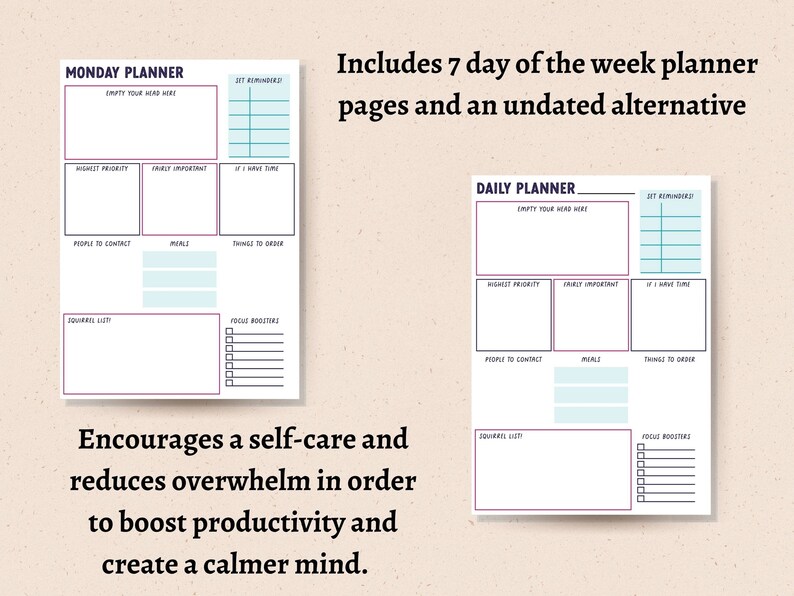 Pode incluir: Um planejador imprim&iacute;vel com um esquema de cores rosa e azul. O planejador inclui um planejador di&aacute;rio e um planejador semanal. O texto no planejador diz "Planejador de segunda-feira" e "Planejador di&aacute;rio". O planejador foi projetado para ajudar as pessoas a reduzir a sensa&ccedil;&atilde;o de sobrecarga e aumentar sua produtividade.