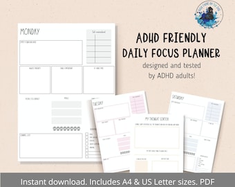 Pacote de páginas do planejador diário para TDAH para impressão, download digital, organizador de lista de tarefas, A4 e US Letter