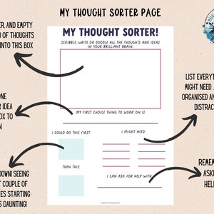 Pode incluir: Uma folha de trabalho imprim&iacute;vel intitulada "My Thought Sorter!" com instru&ccedil;&otilde;es para escrever pensamentos e ideias. A folha de trabalho inclui se&ccedil;&otilde;es para listar o que precisa ser feito, o que &eacute; necess&aacute;rio e qual ajuda &eacute; necess&aacute;ria.