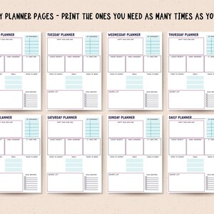 Pode incluir: Oito p&aacute;ginas de planejador di&aacute;rio imprim&iacute;veis, uma para cada dia da semana e uma para um planejador di&aacute;rio geral. Cada p&aacute;gina tem se&ccedil;&otilde;es para "Demandas do dia", "Projetos mais importantes", "Compromissos di&aacute;rios", "Se eu tiver tempo", "Pessoas para contatar", "Refei&ccedil;&otilde;es", "Coisas para pedir", "Lista de compras" e "Rotinas di&aacute;rias".