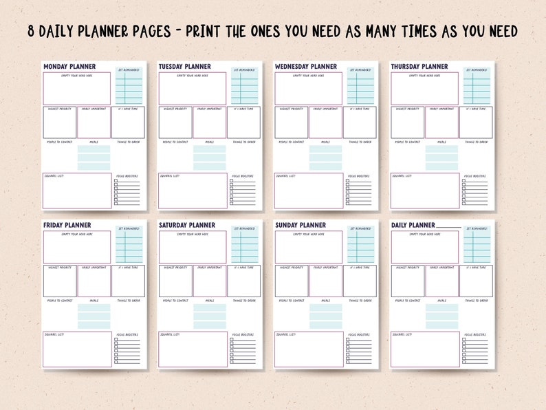 Pode incluir: Oito p&aacute;ginas de planejador di&aacute;rio imprim&iacute;veis, uma para cada dia da semana e uma para um planejador di&aacute;rio geral. Cada p&aacute;gina tem se&ccedil;&otilde;es para "Demandas do dia", "Projetos mais importantes", "Compromissos di&aacute;rios", "Se eu tiver tempo", "Pessoas para contatar", "Refei&ccedil;&otilde;es", "Coisas para pedir", "Lista de compras" e "Rotinas di&aacute;rias".