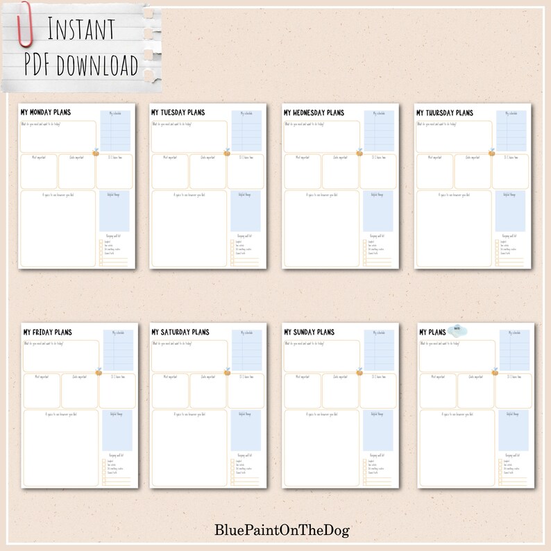 May include: Printable weekly planner pages with a cute cartoon dog illustration. The pages are designed for planning daily activities and include sections for "My Goals", "Post-Appointment", "Date/Occasion", "To-Do List", "Shopping and Errands", and "Notes".