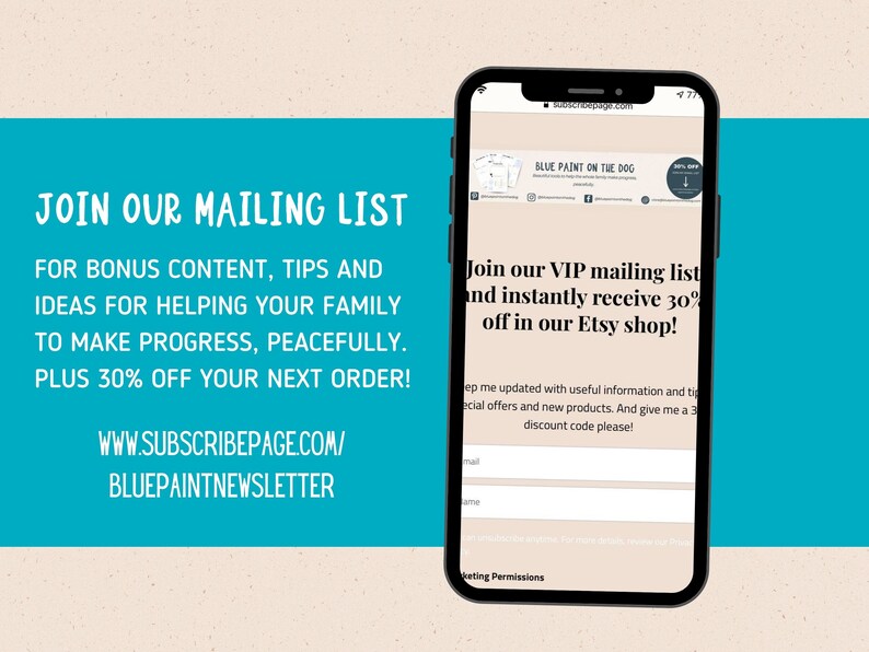 Pode incluir: Um design gr&aacute;fico azul e branco para um site que promove uma lista de e-mail para um neg&oacute;cio chamado "Blue Paint on the Dog". O texto no gr&aacute;fico diz "Junte-se &agrave; nossa lista de e-mail para obter conte&uacute;do b&ocirc;nus, dicas e ideias para ajudar sua fam&iacute;lia a progredir, pacificamente. Al&eacute;m disso, obtenha 30% de desconto em seu pr&oacute;ximo pedido! www.subscribepage.com/bluepaintnewsletter".