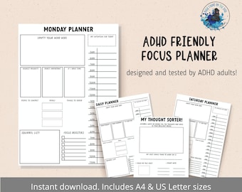 ADHD planner printable, hourly planner adult adhd daily schedule, student planner, to do list, productivity focus organizer, A4, US letter