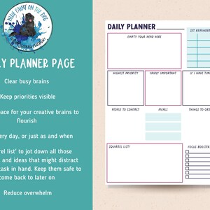 Pode incluir: Uma p&aacute;gina de planejador di&aacute;rio imprim&iacute;vel com se&ccedil;&otilde;es para "Esvazie sua cabe&ccedil;a aqui", "Maior prioridade", "Bastante importante", "Se eu tiver tempo", "Pessoas para contatar", "Refei&ccedil;&otilde;es", "Coisas para pedir", "Lista de esquilos" e "Impulsionadores de foco".