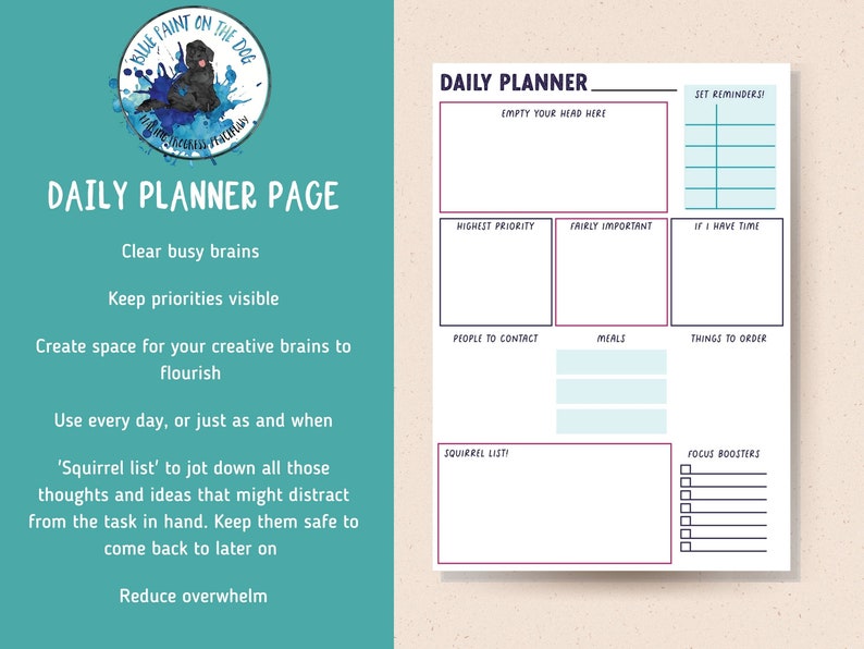 Pode incluir: Uma p&aacute;gina de planejador di&aacute;rio imprim&iacute;vel com se&ccedil;&otilde;es para "Esvazie sua cabe&ccedil;a aqui", "Maior prioridade", "Bastante importante", "Se eu tiver tempo", "Pessoas para contatar", "Refei&ccedil;&otilde;es", "Coisas para pedir", "Lista de esquilos" e "Impulsionadores de foco".