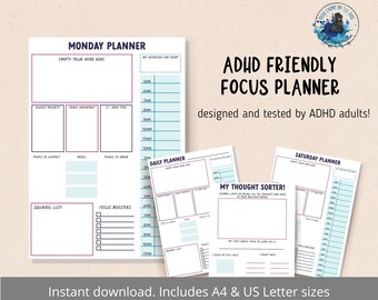 Planejador de TDAH imprimível, planejador de hora em hora, agenda diária lista de tarefas de TDAH, bloqueio de tempo, planejador de tarefas prioritárias, ferramentas de foco, A4 e carta dos EUA