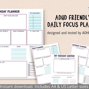 Printable ADHD Daily planner pages bundle, digital download, to do list organizer, adult ADHD focus, A4 and US Letter