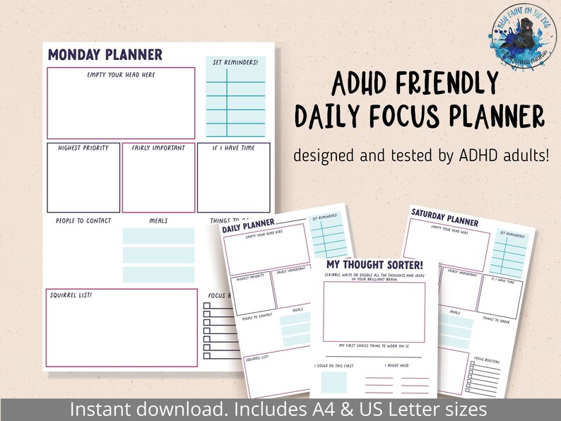 Pode incluir: Tr&ecirc;s p&aacute;ginas de planejador imprim&iacute;veis projetadas para pessoas com TDAH. As p&aacute;ginas s&atilde;o intituladas "Planejador de segunda-feira", "Planejador de s&aacute;bado" e "Planejador di&aacute;rio de coisas a fazer". Cada p&aacute;gina tem se&ccedil;&otilde;es para listar prioridades, lembretes, refei&ccedil;&otilde;es e outras tarefas. As p&aacute;ginas tamb&eacute;m incluem uma se&ccedil;&atilde;o "Meu classificador de pensamentos" para gerar ideias.