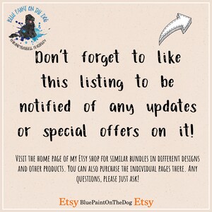 Op de afbeelding: Tekstafbeelding met een pijl die omhoog wijst. De tekst luidt "Vergeet niet om deze vermelding leuk te vinden om op de hoogte te blijven van updates of speciale aanbiedingen!" Bezoek de startpagina van mijn Etsy-winkel voor vergelijkbare bundels in verschillende ontwerpen en andere producten. Je kunt de individuele pagina's ook hier kopen. Heb je vragen, neem dan gerust contact met me op! Etsy BluePaintOnTheDog Etsy