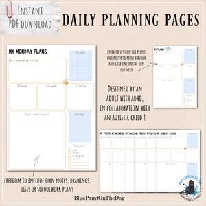 May include: Printable daily planning pages with a light blue and yellow color scheme. The pages are designed for people with ADHD and are created in collaboration with an autistic child. The pages feature a bee illustration and the text "Daily Planning Pages".