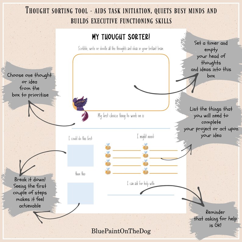 May include: A printable worksheet titled "My Thought Sorter!" with a colorful illustration of a bird and bees. The worksheet is designed to help organize thoughts and ideas, break down tasks, and prioritize projects. It includes sections for brainstorming, listing steps, identifying resources, and setting a timer.