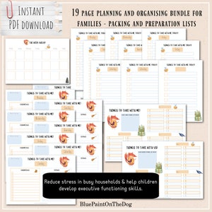 Op de afbeelding: Een printbare bundel van 19 pagina's voor planning en organisatie voor gezinnen. De bundel bevat pak- en voorbereidingslijsten met een vos- en bijenmotief. De tekst "Things to Take With Me!" wordt op elke pagina herhaald. De tekst "Reduce stress in busy households & help children develop executive functioning skills." staat onderaan de pagina. De tekst "BluePaintOnTheDog" staat onderaan de pagina.