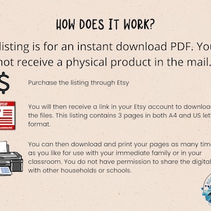 Pode incluir: Uma ilustra&ccedil;&atilde;o de download digital que explica como comprar e baixar um documento PDF. A imagem mostra um sinal de d&oacute;lar, um &iacute;cone de PDF e uma impressora com um documento dentro. O texto explica que a listagem &eacute; para um download instant&acirc;neo de PDF e que o comprador receber&aacute; um link para baixar os arquivos. A listagem cont&eacute;m 3 p&aacute;ginas em formato A4 e US letter. O texto tamb&eacute;m indica que o comprador pode baixar e imprimir as p&aacute;ginas quantas vezes quiser para usar com sua fam&iacute;lia imediata ou em sua sala de aula. O comprador n&atilde;o tem permiss&atilde;o para compartilhar o arquivo digital com outras fam&iacute;lias ou escolas.