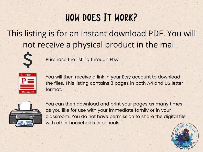 Pode incluir: Uma ilustra&ccedil;&atilde;o de download digital que explica como comprar e baixar um documento PDF. A imagem mostra um sinal de d&oacute;lar, um &iacute;cone de PDF e uma impressora com um documento dentro. O texto explica que a listagem &eacute; para um download instant&acirc;neo de PDF e que o comprador receber&aacute; um link para baixar os arquivos. A listagem cont&eacute;m 3 p&aacute;ginas em formato A4 e US letter. O texto tamb&eacute;m indica que o comprador pode baixar e imprimir as p&aacute;ginas quantas vezes quiser para usar com sua fam&iacute;lia imediata ou em sua sala de aula. O comprador n&atilde;o tem permiss&atilde;o para compartilhar o arquivo digital com outras fam&iacute;lias ou escolas.