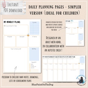 Op de afbeelding: Printbare dagelijkse planningpagina's ontworpen voor kinderen. De pagina's hebben een eenvoudige lay-out met secties voor "Mijn maandagplannen", "Mijn dinsdagplannen", "Mijn woensdagplannen", "Mijn donderdagplannen", "Mijn vrijdagplannen", "Mijn zaterdagplannen" en "Mijn zondagplannen". Elke pagina bevat ruimte om te schrijven, te tekenen en notities toe te voegen.